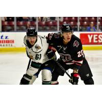 Rapid City Rush defenseman Tyson Helgesen (right) vs. the Utah Grizzlies