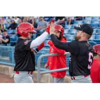 Ottawa Titans exchange a high five after scoring against the Windy City ThunderBolts