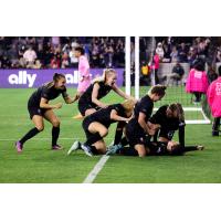 Angel City FC celebrates a goal against the Kansas City Current