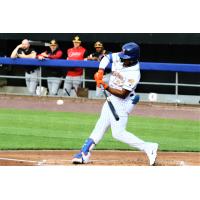 Khalil Lee of the Syracuse Mets about to connect on a ball he launched over the wall in left-center field on Thursday