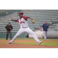 Akeem Bostick deals a pitch for the Kansas City Monarchs