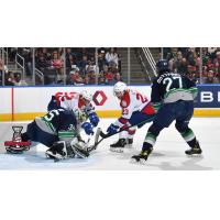 Seattle Thunderbirds goaltender Thomas Milic makes a stop against the Edmonton Oil Kings