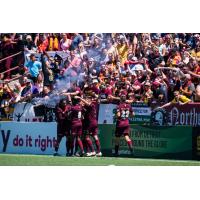 Detroit City FC celebrates Botello Faz's goal