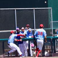 New York Boulders right fielder Francisco Del Valle trying for a foul pop