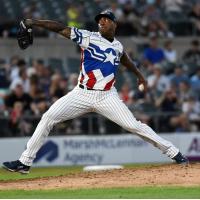 Aroldis Chapman pitching for the Somerset Patriots