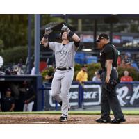 Elijah Dunham of the Somerset Patriots reacts after his home run