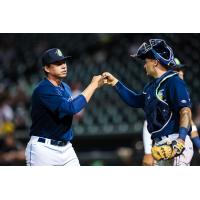 Columbia Fireflies pitcher Luis Barroso and catcher Carter Jensen