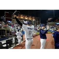 Pensacola Blue Wahoos' Sean Reynolds celebrating comeback win