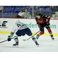 Vancouver Giants' Jaden Lipinski versus Seattle Thunderbirds' Sawyer Mynio