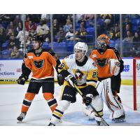 Lehigh Valley Phantoms Louie Belpedio and Zayde Wisdom versus Wilkes-Barre/Scranton Penguins' Samuel Poulin