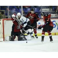 Vancouver Giants goaltender Jesper Vikman battles  the Winnipeg ICE