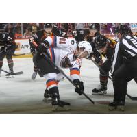 Lehigh Valley Phantoms left wing Elliot Desnoyers faces off with the Cleveland Monsters