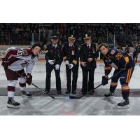 Peterborough Petes' J.R. Avon and Barrie Colts' Declan McDonnell on game day