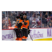 Lehigh Valley Phantoms' Olle Lycksell and Cameron York celebrate win