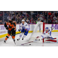 Lehigh Valley Phantoms left wing Elliot Desnoyers (left) vs. the Laval Rocket