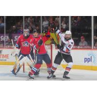 Springfield Thunderbirds' Steven Santini battles Lehigh Valley Phantoms' Elliot Desnoyers