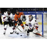 Worcester Railers' Charlie Spetz Battles Reading Royals' Yvan Mongo And Nolan Maier