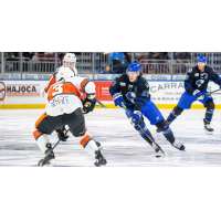 Wichita Thunder forward Brayden Watts handles the puck against the Kansas City Mavericks