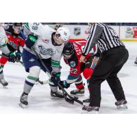 Kelowna Rockets forward Gabriel Szturc (right) faces off with the Seattle Thunderbirds