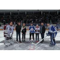 Peterborough Petes' Michael Simpson and Sudbury Wolves' Joe Ranger on game day