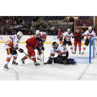 Rapid City Rush's Ryan Zuhlsdorf battles Kansas City Mavericks' Shane Starrett