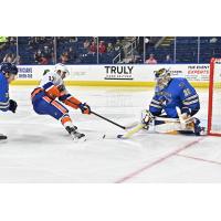 Springfield Thunderbirds goaltender Joel Hofer stops a shot by the Bridgeport Islanders