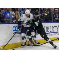 Jacksonville Icemen forward Ben Hawerchuk (left) battles the Utah Grizzlies