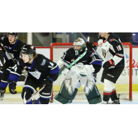 Victoria Royals' Carter Dereniwsky and Braden Holt and Vancouver Giants' Colton Langkow