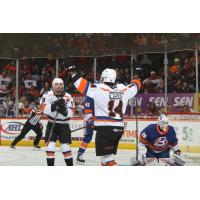 Zayde Wisdom of the Lehigh Valley Phantoms celebrates a goal against the Bridgeport Islanders