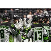 Saskatchewan Rush's Mike Messenger and Connor McClelland on game night