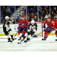 Spokane Chiefs' Mac Gross and Vancouver Giants' Ty Thorpe in action