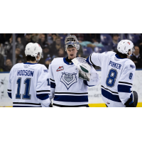 Victoria Royals' Matthew Hodson, Nicholas Cristiano and Kalem Parker celebrate win