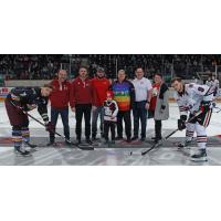 Peterborough Petes' Shawn Spearing and Niagara IceDogs' Gerard Keane on Pride Night