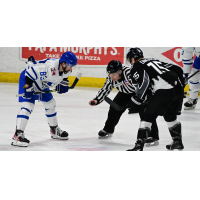 Wichita Thunder forward Jake Wahlin (left) prepares for a faceoff against the Idaho Steelheads