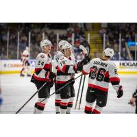 Belleville Senators' Jacob Bernard-Docker, Matthew Boucher and Brennan Saulnier on game night