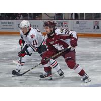 Niagara IceDogs' Kevin He and Peterborough Petes' Jonathan Melee on the ice