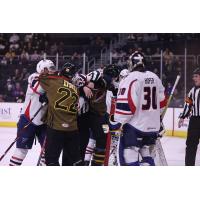 Providence Bruins' Fabian Lysell and Springfield Thunderbirds' Joel Hofer on game night