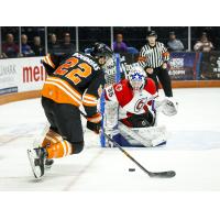 Cincinnati Cyclones goaltender Beck Warm prepares for a shot from the Fort Wayne Komets