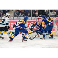 Saskatoon Blades' Vaughn Watterodt and Aidan De La Gorgendiere in action