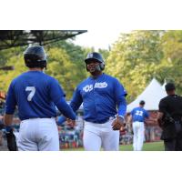 Evansville Otters exchange congratulations following a home run