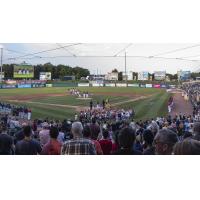 Jersey Shore BlueClaws fans during the National Anthem at ShoreTown Ballpark