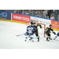 Syracuse Crunch's Gabriel Dumont and Hershey Bears' Vincent Iorio on the ice