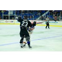 Victoria Royals' Nate Misskey battles Vancouver Giants' Tyler Thorpe