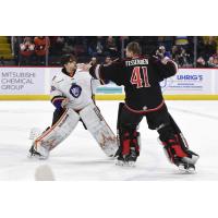 Adirondack Thunder goaltender David Fessenden goes at it with Keith Petruzzelli of the Reading Royals