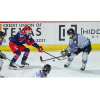 Wichita Thunder defenseman Jeremie Bucheler (right) vs. the Allen Americans