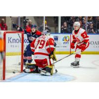 Saginaw Spirit forward Jacob Cloutier scores against the Soo Greyhounds